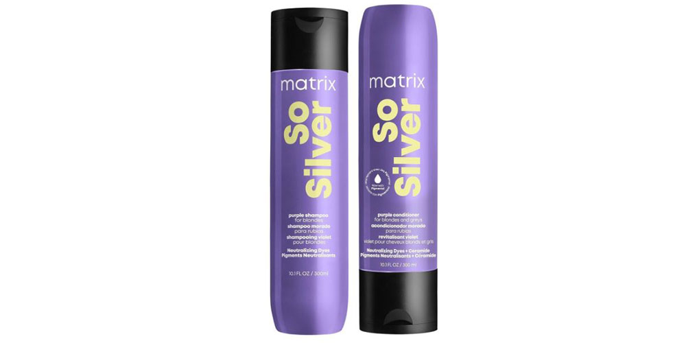 بهترین برای موهای شکننده: Matrix So Silver Purple Shampoo و Conditioner