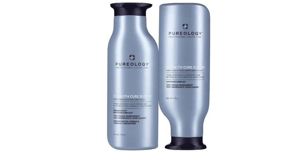 بهترین برای موهای فر: Pureology Strength Cure Blonde Purple Shampoo و Conditioner